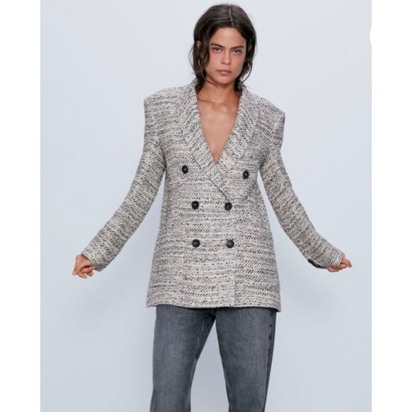 ZARA Double Breasted Tweed Blazer Jacket Sz S Neutral 2251/158 - Picture 1 of 13